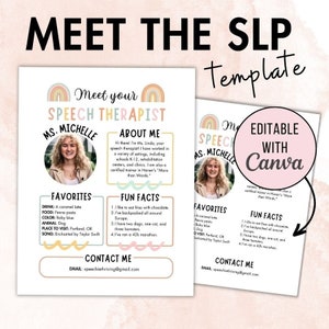 Meet The SLP Editable Template, Meet the Speech Therapist Canva Template, First Day of School Template, Get to Know Me Printable