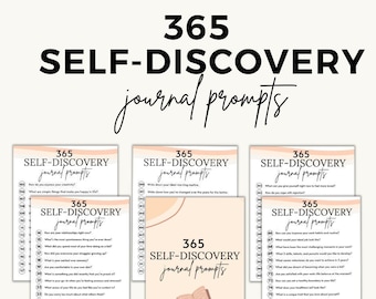 May include: A printable PDF with 365 self-discovery journal prompts. The document is divided into six pages, each with a peach background and a different set of prompts. The title "365 Self-Discovery Journal Prompts" is displayed at the top of each page.