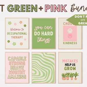 Paquete de carteles verdes y rosas de terapia ocupacional, conjunto de 6, impresiones digitales de terapia ocupacional, carteles y decoración de OT, regalos de OT, PDF