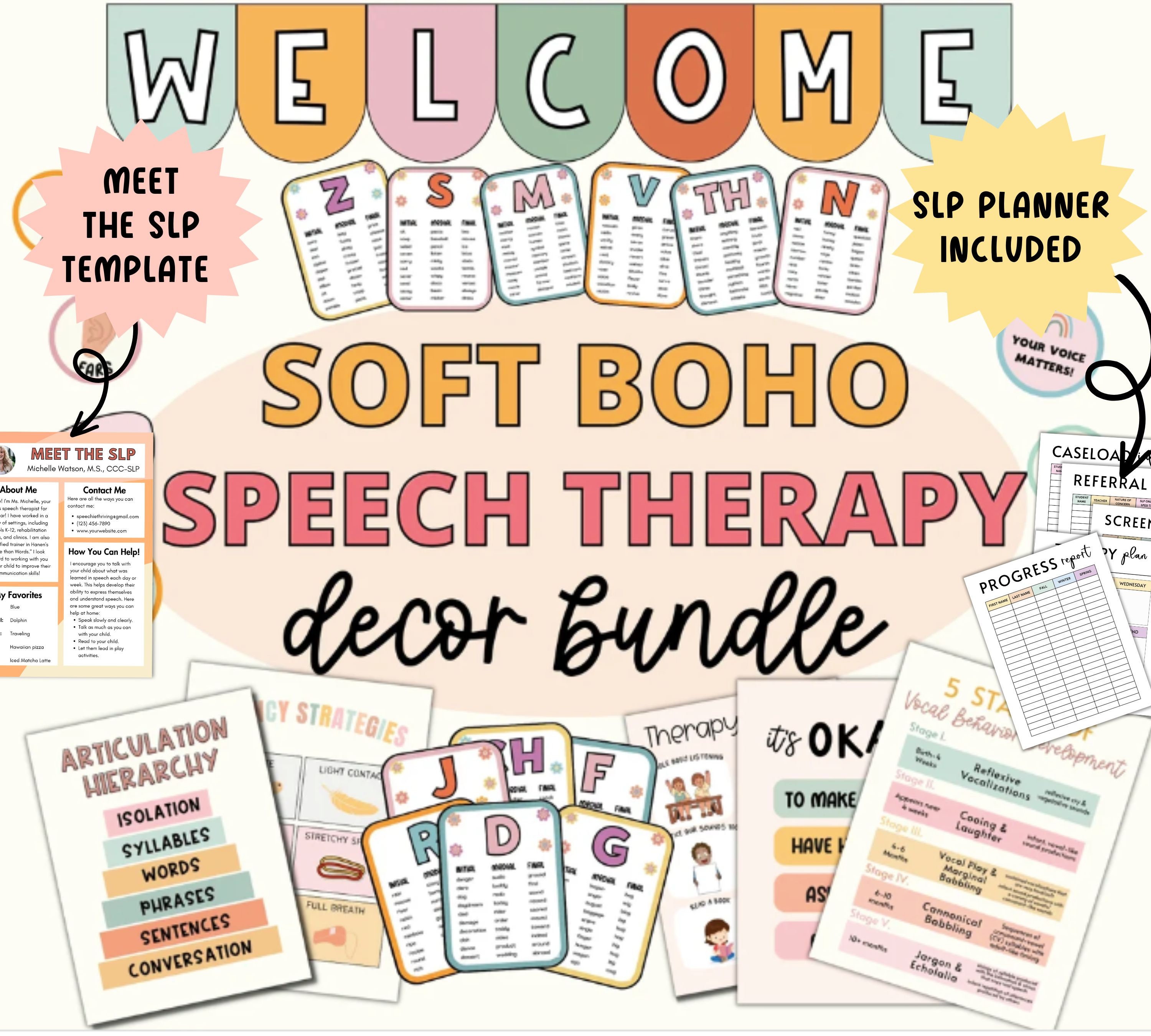Pacote definitivo de terapia de fala Boho Soft, recursos de fala, recursos de SLP, materiais de fala, decoração de sala de fala para impressão, planejador de SLP escolar