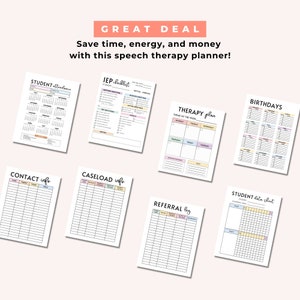 May include: A printable speech therapy planner with pages for student attendance, IEP checklists, therapy plans, caseload information, referral logs, student data sheets, and birthdays. The pages are decorated with pastel colors and simple designs.