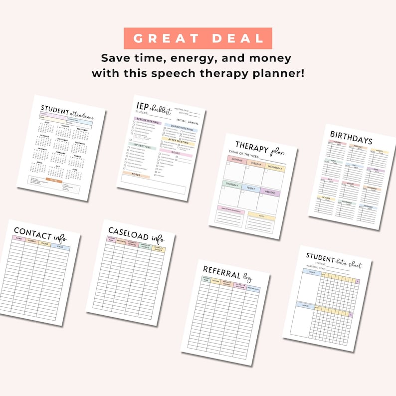 May include: A printable speech therapy planner with pages for student attendance, IEP checklists, therapy plans, caseload information, referral logs, student data sheets, and birthdays. The pages are decorated with pastel colors and simple designs.
