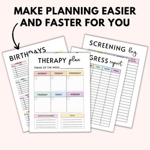 Pu&ograve; includere: Pagine di pianificatore stampabili con uno schema di colori rosa, giallo e blu. Le pagine includono sezioni per compleanni, piani di terapia, registri di screening e report di progressi.