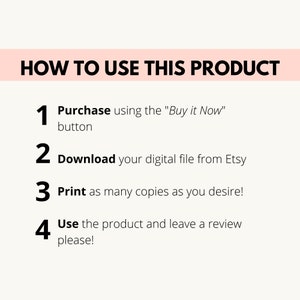 Pu&ograve; includere: Uno sfondo bianco con testo nero che descrive come utilizzare un prodotto digitale. I passaggi sono: 1. Acquista usando il pulsante "Acquista ora", 2. Scarica il tuo file digitale da Etsy, 3. Stampa tutte le copie che desideri, e 4. Utilizza il prodotto e lascia una recensione, per favore!