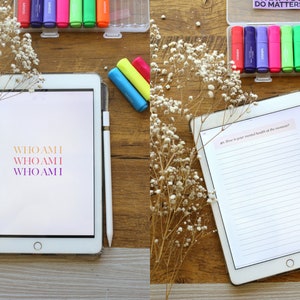 May include: Two white iPad tablets on a wooden surface. The left tablet has the text "WHO AM I" repeated three times in a gradient of orange, yellow, and purple. The right tablet has a lined page with the text "How is your mental health at the moment?" at the top.  A white stylus is next to the right tablet.  A container of colorful highlighters is in the top right corner of the image.  The text on the container reads "PLUS DO MATTERS".