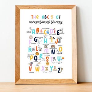 May include: A framed print titled "The ABC's of Occupational Therapy" features colourful illustrations and text. The print includes the alphabet with associated terms like "adaptive response" and "cognitive skills." The wooden frame adds a classic touch.
