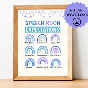 Peut inclure: Une affiche imprimable avec un fond bleu clair et le texte "Speech Room Expectations" en police bleue et blanche. L'affiche présente neuf illustrations d'arc-en-ciel avec différentes attentes écrites sous chacune d'elles, telles que "Soyez respectueux", "Écoutez attentivement", "Faites de votre mieux", "Posez des questions", "Encouragez les autres", "Attendez votre tour", "Amusez-vous bien", "Utilisez des mots gentils" et "Suivez les instructions".