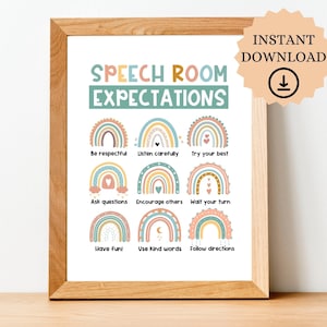 Rainbow Speech Therapy Decor, Speech Room Expectations, Speech and Language Rainbow Poster, Speech Therapy Poster Printable, slp wall art