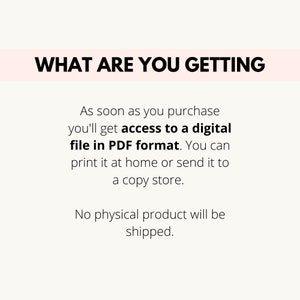 Pu&ograve; includere: Testo su sfondo bianco che dice "WHAT ARE YOU GETTING" in grassetto in lettere nere. Sotto il testo c'&egrave; un paragrafo che dice "Non appena acquisti, avrai accesso a un file digitale in formato PDF. Puoi stamparlo a casa o inviarlo a una copisteria. Nessun prodotto fisico verr&agrave; spedito."