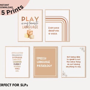May include: Five framed prints with speech therapy themes and quotes in a neutral colour palette. The prints include phrases like "Play is my favourite language" and "Speech Language Pathology".