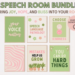 Grün und Rosa Speech Room Decor Bundle, 6er-Set, SLP Poster, Logopädie Therapie Raumdekor, Logopädin Geschenk, Logopädie Poster