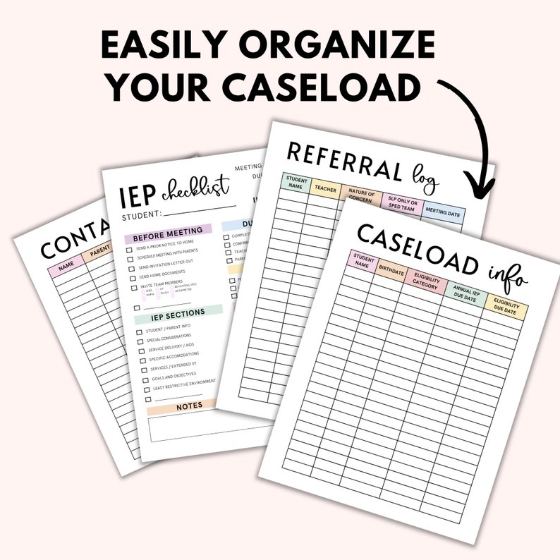 May include: A printable set of three checklists for organizing student caseloads. The checklists are titled "IEP Checklist", "Referral Log", and "Caseload Info". Each checklist has a colorful header and is divided into columns with headings.