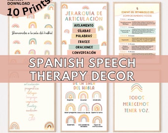 Spanish Speech Therapy Decor Bilingual Classroom Posters, Colorful Set (10 Printable Pages, Digital Files, SLP Office Wall Art)