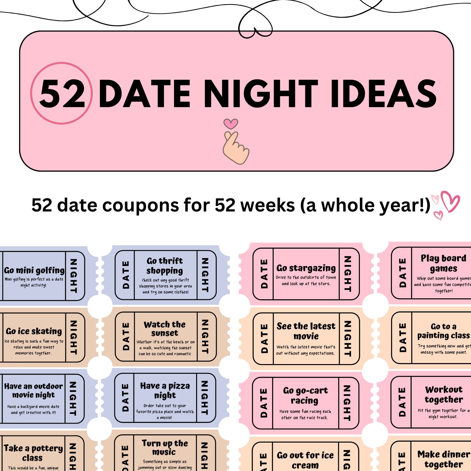 52 Date Night Cards, Printable Date Card Ideas, Date Night Tickets, Date  Night Jar, Fun Date Night Ideas, Gifts for Him and Her, PDF -  Israel