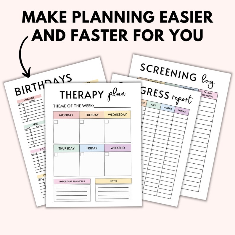 May include: A set of printable planner pages with a pink, yellow, and blue color scheme. The pages include a birthday tracker, a therapy plan, a screening log, and a progress report.