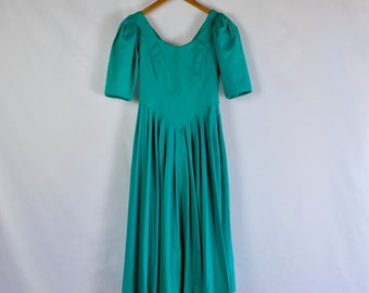 Laura Ashley teal emerald vintage 80s dress gown midi tea dress cotton princess evening green prom UK 8 US 6