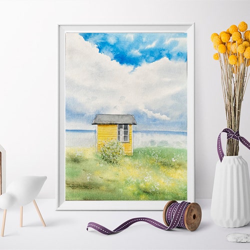 Original Watercolor outlets Landscape, A4, No Frame, Yellow House, Home Decor