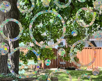 Rings & Circles Sun catcher Sticker Prism Window Clings, Minimalist Decor, Prevent Bird Window Collisions, Set of 24 Rainbow Vinyl Decals
