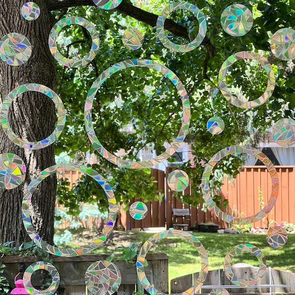 Rings & Circles Sun catcher Sticker Prism Window Clings, Minimalist Decor, Prevent Bird Window Collisions, Set of 24 Rainbow Vinyl Decals
