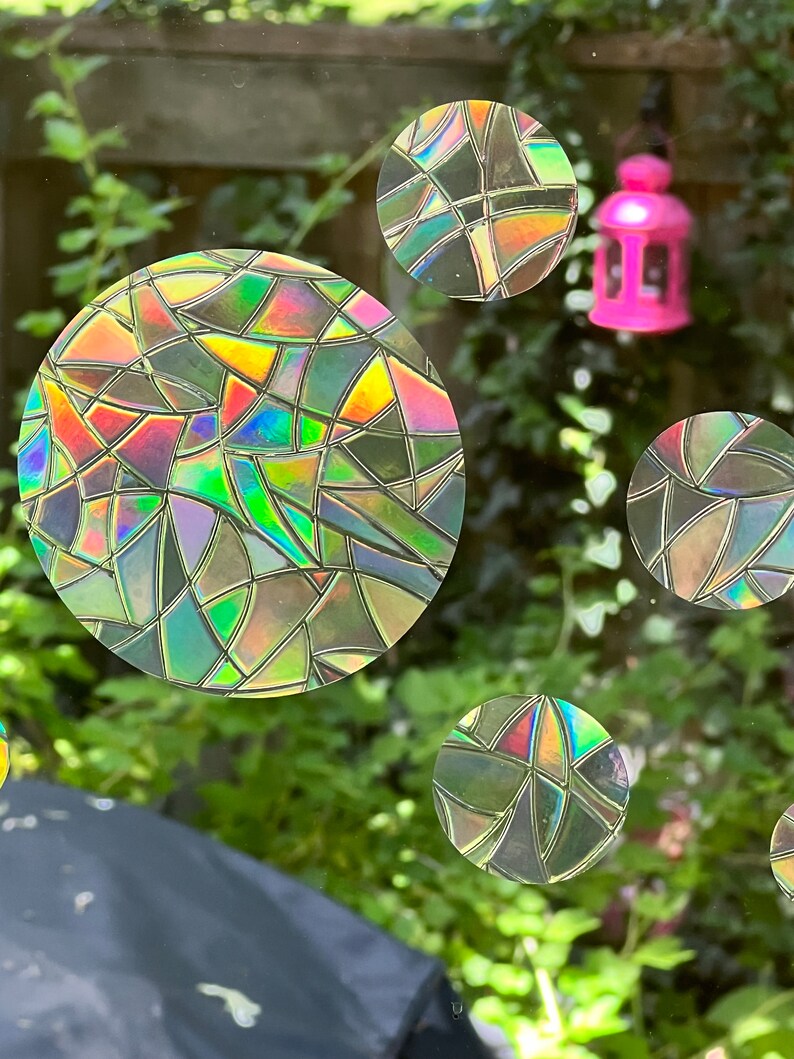 May include: A close-up of a window with iridescent, circular stickers. The stickers have a stained glass pattern and are arranged in a random pattern on the window.