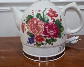 Tetera eléctrica de cerámica con estampado de rosas y flores, modelo 21568