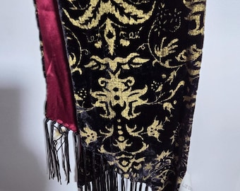 Liz Claiborne VTG Silk Blend Velvet Scarf burnout pattern with Fringe 70"