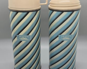 Vtg 1963 2 King Seeley Blue & White Metal Vacuum Sealed Thermos W/ Lid Qt Size