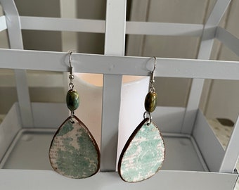 Teal Teardrop Dangle Earrings: Scrapbook Paper & Glass Bead