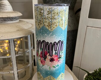 Aqua Blue Mimi Tumbler: Faux Gold Glitter Stainless Steel 20oz
