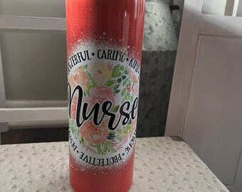 Floral Nurse Tumbler: Pink Stainless Steel 20oz with Straw & Gift Box