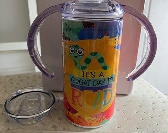 Paint Splash Sippy Cup, Bookworm Design, 12oz Tumbler with Lids