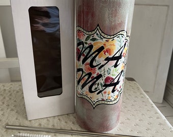 Mama Floral 20oz Sublimation Tumbler, Plum Watercolor Stainless Steel