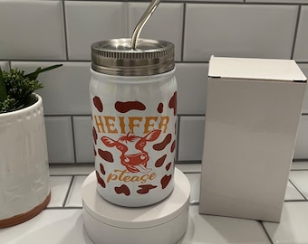 Heifer Please Cow Print 17oz Tumbler with Lid & Straw