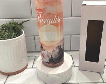 Paradise Sunset Tumbler, Mountains and Woman Scene, 20oz