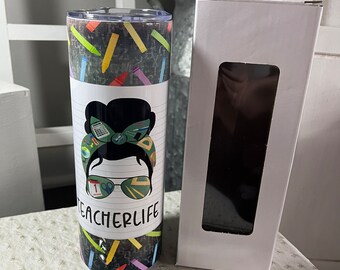 Teacher Life 20oz Sublimation Tumbler: Chalkboard & Crayon Design