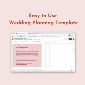 Op de afbeelding: Een screenshot van een Google Sheet-sjabloon voor het plannen van een bruiloft. Het sjabloon heeft de titel "Bruiloft Planningsjabloon" en bevat een welkomstbericht met de tekst "Gefeliciteerd met jullie verloving! Nu komt het leuke: het plannen van de bruiloft!"