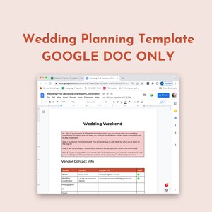 May include: A computer screen displays a Google Docs wedding planning template. The document includes sections for vendor contact info and wedding weekend details. Text at the top reads "Wedding Planning Template GOOGLE DOC ONLY."
