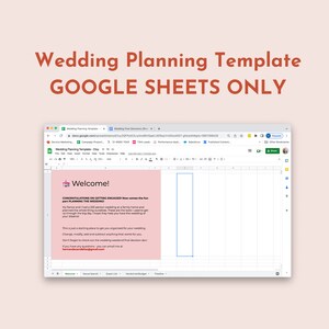 Op de afbeelding: Een Google Sheets-spreadsheet-sjabloon voor het plannen van een bruiloft. De spreadsheet is geopend in een webbrowser en toont een welkomstbericht met de tekst "Gefeliciteerd met jullie verloving! Nu komt het leuke: het plannen van de bruiloft!" De spreadsheet heeft tabbladen voor "Welkom", "Locatie zoeken", "Gastenlijst", "Leverancier/Budget", "Tijdlijn", en meer.