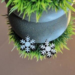 May include: Two black snowflake-shaped charms with a hole at the top for hanging.