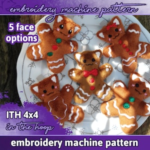 May include: Five gingerbread cat embroidery patterns in the hoop. Each pattern features a different facial expression. The patterns are designed for a 4x4 inch embroidery hoop.