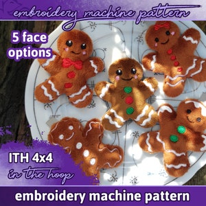 May include: Five gingerbread man embroidery designs in the hoop, each with a different facial expression. The designs are for a 4x4 inch embroidery hoop.  The text "5 face options" and "ITH 4x4 in the hoop" is visible in the image.