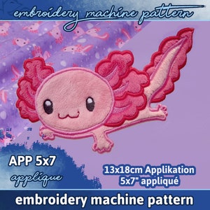 Könnte beinhalten: Stickmuster für eine Stickmaschine für einen rosa Axolotl-Applikation, 13x18 cm. Der Axolotl ist ein niedliches Cartoon-Design mit großen Augen und einem kleinen Lächeln. Das Muster ist perfekt, um Ihren Projekten eine verspielte Note zu verleihen.