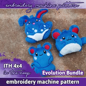 May include: Three plush toys in the shape of blue and white cartoon characters. The characters are a rabbit, a mouse, and a larger mouse. The toys are labelled "Evolution Bundle" and "ITH 4x4 in the hoop embroidery machine pattern".
