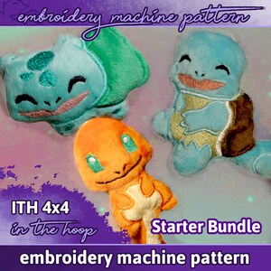 Könnte beinhalten: Ein Starter-Paket mit drei Stickmuster für Stickmaschinen, die beliebte Comicfiguren zeigen. Die Muster sind für 4x4 Zoll große Stickrahmen und beinhalten eine blaue Schildkröte, eine grün-blaue Figur und eine orange Figur.