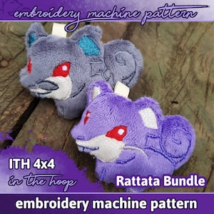 May include: Two plush Rattata toys in grey and purple, with red eyes and white accents, sit on a wooden surface. The toys are part of an embroidery machine pattern bundle, with the text "Rattata Bundle" and "ITH 4x4 in the hoop" visible.