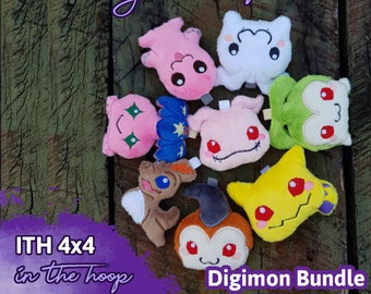 May include: A set of eight embroidered Digimon character designs in the hoop. The designs are in various colors, including pink, green, yellow, and brown. The designs are all in the style of the Digimon anime series. The text "ITH 4x4 in the hoop" and "Digimon Bundle" are also visible in the image.