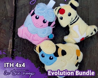 May include: Three plush toys in the shape of Pokemon characters. The toys are yellow, pink, and blue with black stripes. The toys are arranged in a circle on a wooden surface. The text "ITH 4x4 in the hoop Evolution Bundle embroidery machine pattern" is visible at the bottom of the image.