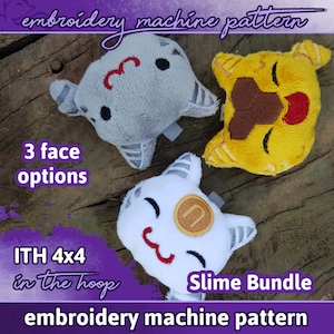 Könnte beinhalten: Drei Plüschtiere in Form eines Schleimmonsters mit verschiedenen Gesichtsausdrücken. Die Spielzeuge sind grau, weiß und gelb. Der Text "Slime Bundle" ist auf dem Bild sichtbar. Der Text "embroidery machine pattern" ist oben und unten auf dem Bild sichtbar.