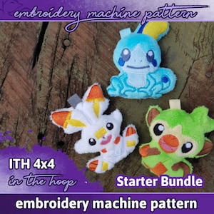 Puede incluir: Un conjunto de tres patrones de bordado de peluche con los Pokémon iniciales: Grookey, Scorbunny y Sobble. Los patrones están diseñados para el bordado en el aro y están etiquetados como un "Starter Bundle".