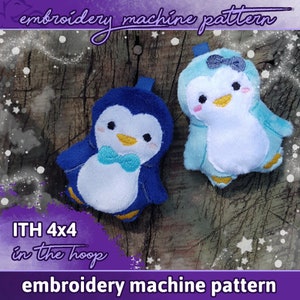 May include: Two plush penguin toys, one blue and one light blue, with embroidered details. Both penguins have a white belly, black eyes, and yellow beaks. The blue penguin has a light blue bow tie, and the light blue penguin has a light blue bow. The toys are on a wooden surface with a purple background that says "embroidery machine pattern" and "ITH 4x4 in the hoop".